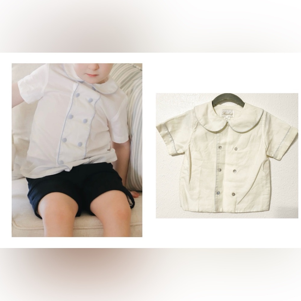 Strasburg Vintage Style Prince George  Shirt with Blue Trim Peter Pan Collar